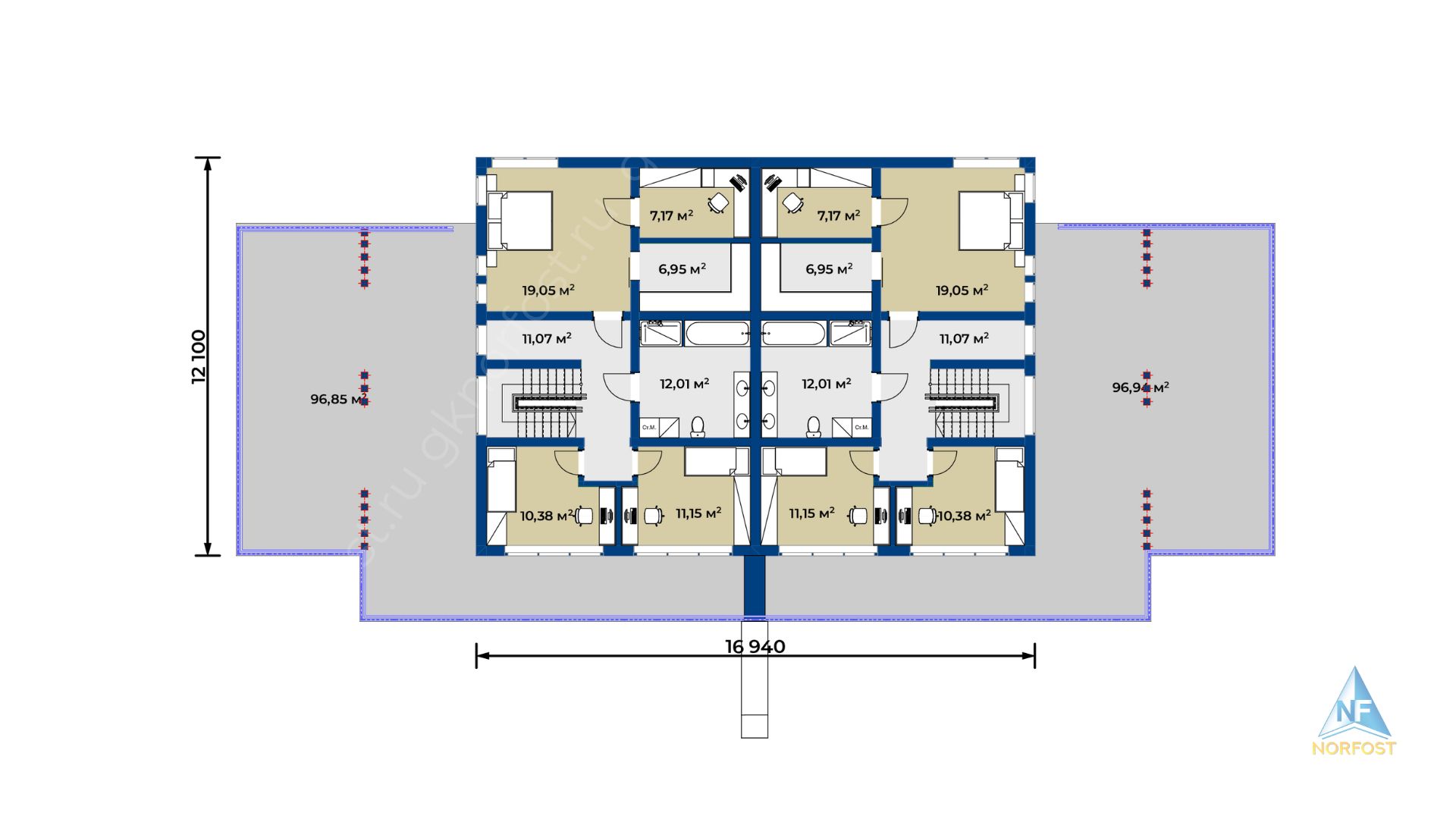 Планировка проекта NF 699 - проект большого дома на 2 семьи с цокольным этажом Планировка проекта NF 699 - проект большого дома на 2 семьи с цокольным этажом