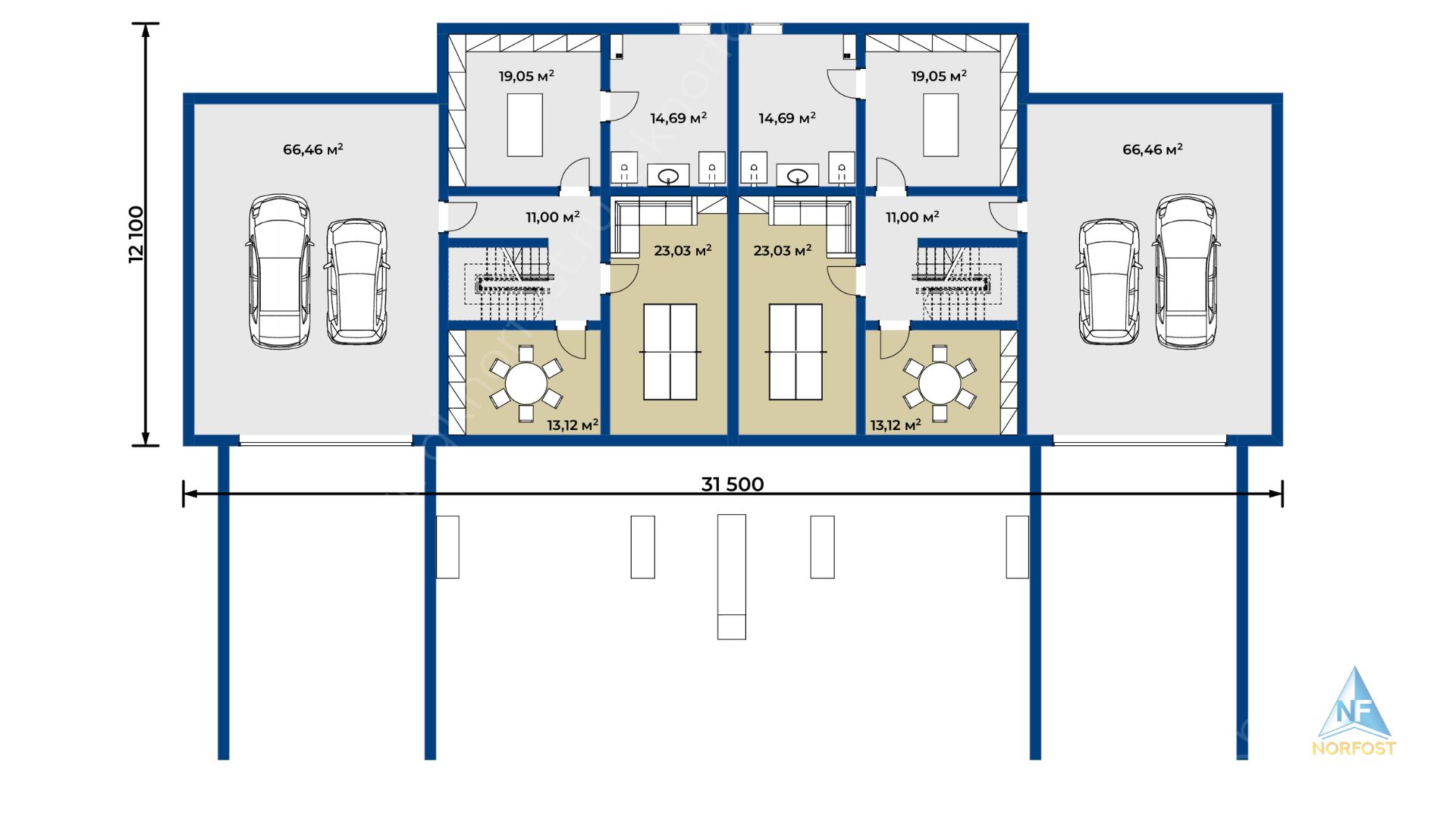 Планировка проекта NF 699 - проект большого дома на 2 семьи с цокольным этажом, изображение-2 Планировка проекта NF 699 - проект большого дома на 2 семьи с цокольным этажом, изображение-2