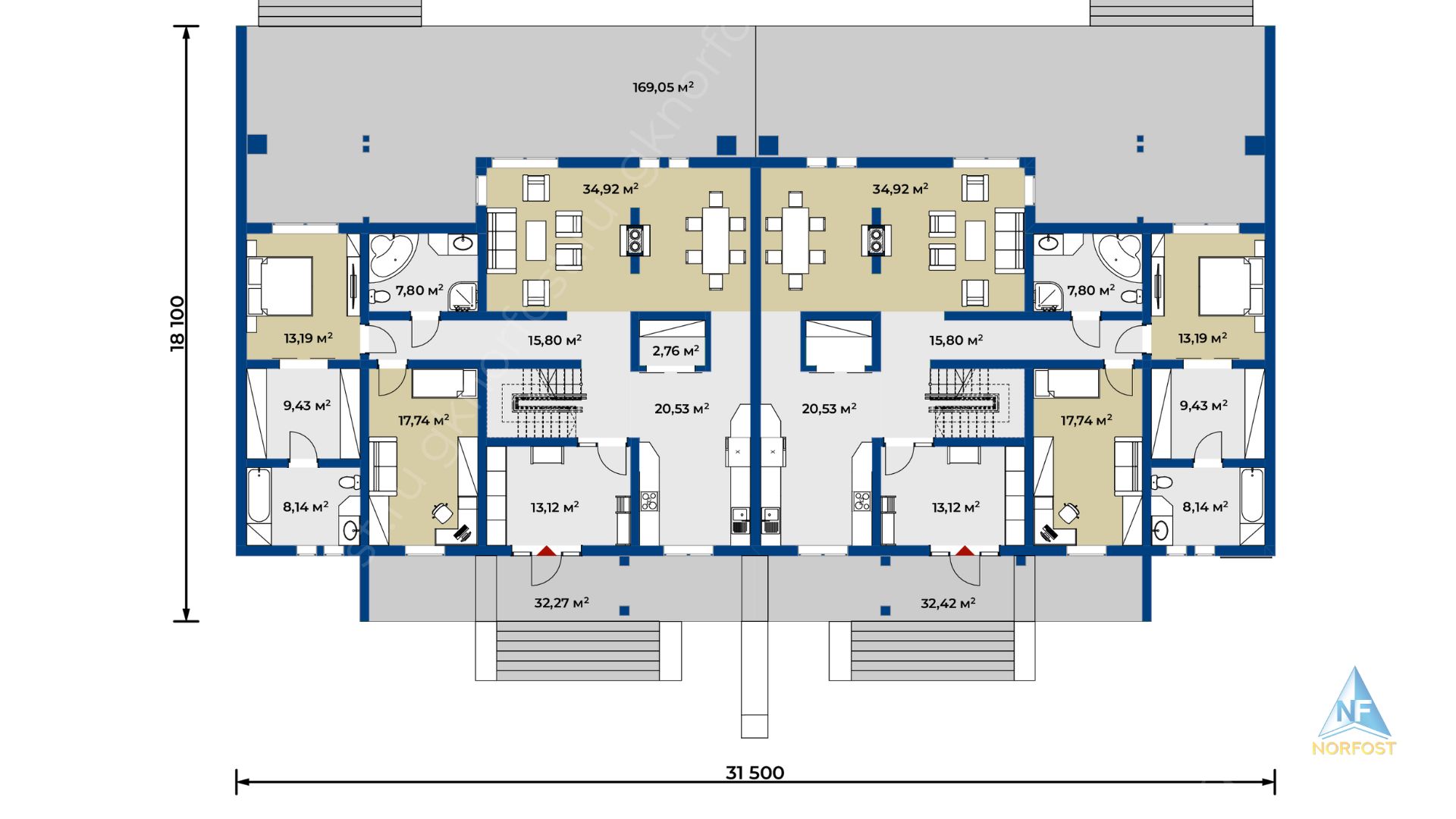 Планировка проекта NF 699 - проект большого дома на 2 семьи с цокольным этажом, изображение-3 Планировка проекта NF 699 - проект большого дома на 2 семьи с цокольным этажом, изображение-3